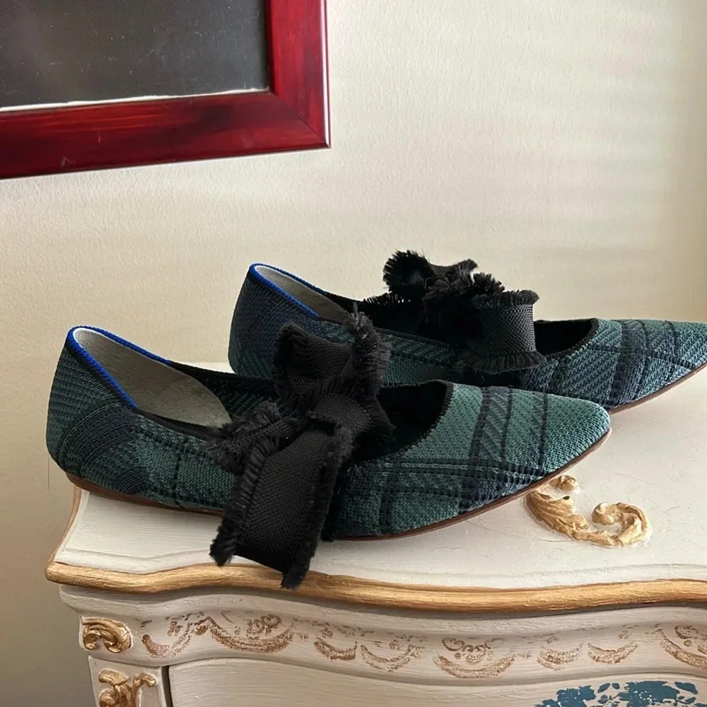 Dark Green Plaid Pointed Flats with Bow Accent